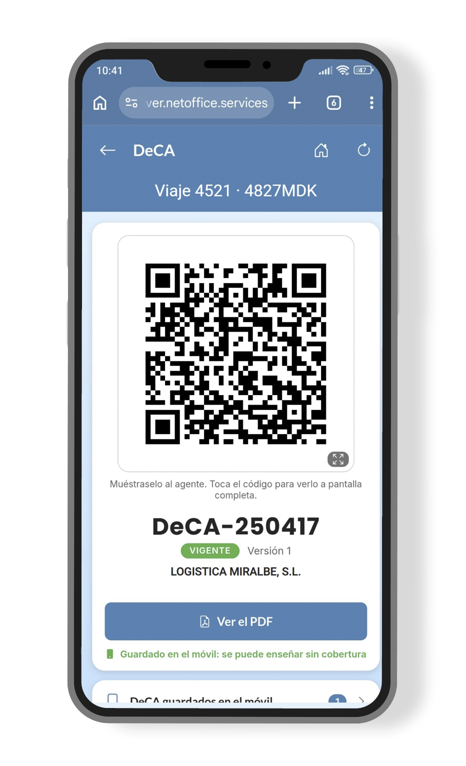 El DeCA en la app NetOffice Driver: código QR, número de documento y PDF, guardado en el móvil