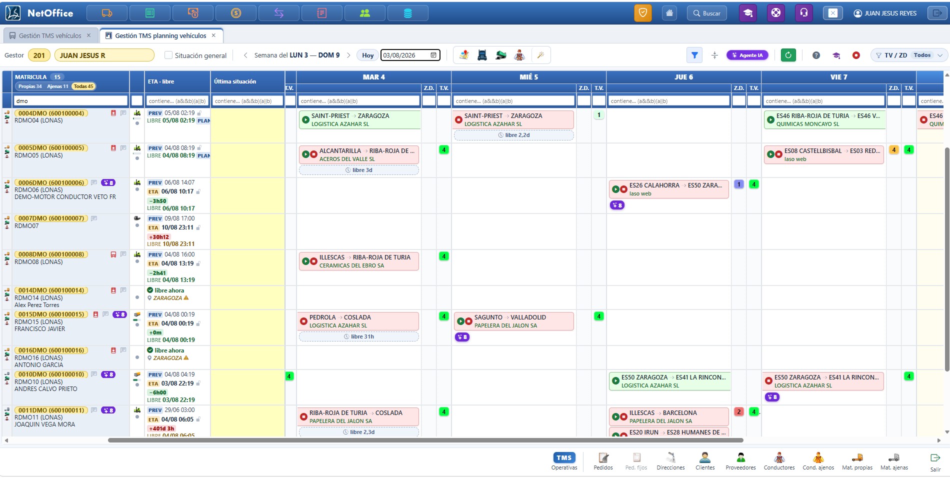 NetOffice — el TMS propone la carga de cada vehículo en el planning semanal